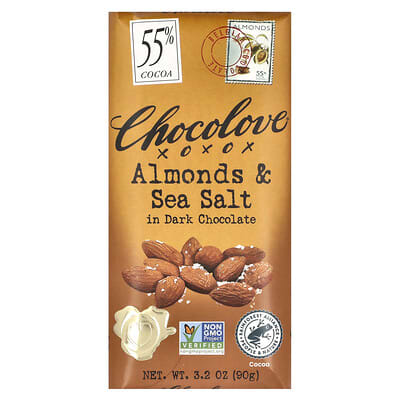 Темный шоколад с миндалем и морской солью, 55% какао, 3.2 oz (90 g)
