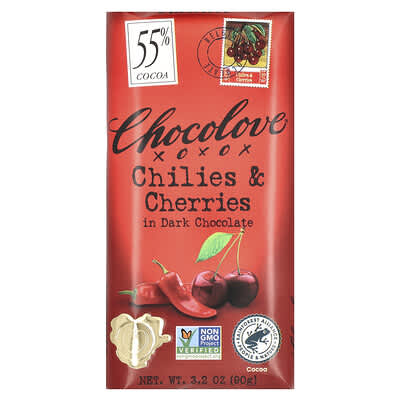 Шоколад Chocolove Chilies & Cherries in Dark Chocolate, 55% Cacao, 3.2 oz (90 g)