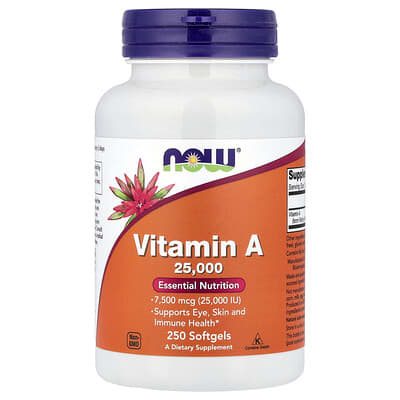 NOW Foods Vitamin A, 7,500 mcg (25,000 IU), 250 мягких капсул
