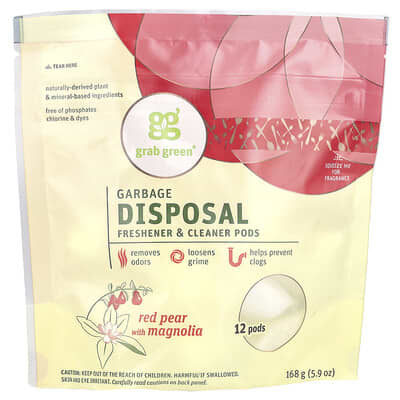 Средство для чистки и освежения мусорного ведра Grab Green, Red Pear with Magnolia, 12 капсул, 5.9 oz (168 g)