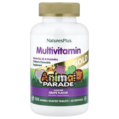 NaturesPlus Animal Parade® Gold, жевательные мультивитамины для детей, виноград, 120 таблеток в форме животных