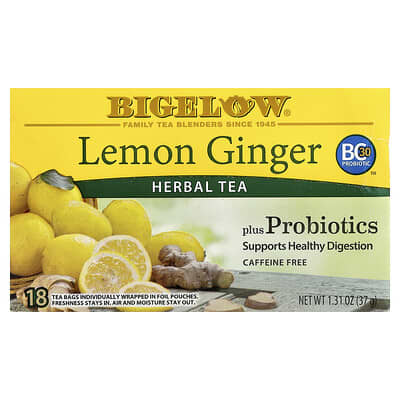 Herbal Tea Plus Probiotics, Lemon Ginger, Caffeine Free, 18 Tea Bags, 1.31 oz (37 g)