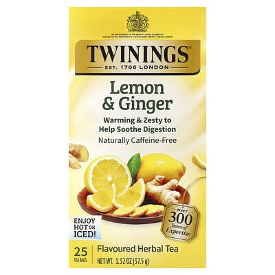 Flavored Herbal Tea, Lemon & Ginger, Caffeine Free, 25 Tea Bags, 1.32 oz (37.5 g)