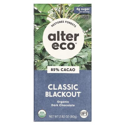Темный шоколад Alter Eco Organic Dark Chocolate Bar, Classic Blackout, 85% Cocoa, 2.82 oz (80 g)