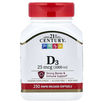 Vitamin D3, 25 mcg (1,000 IU), 250 Rapid Release Softgels