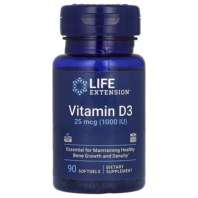 Life Extension витамин D3, 25 mcg (1,000 IU), 90 мягких капсул