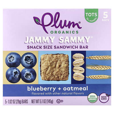 Сэндвич-батончики Jammy Sammy®, размер Snack, для детей от 15+ месяцев, черника и овсянка, 5 шт, 1.02 oz (29 g) каждый