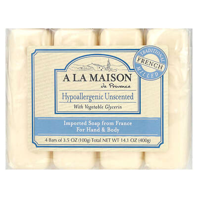 Hand & Body Bar Soap, Hypoallergenic Unscented, 4 Bars, 3.5 oz (100 g) Each