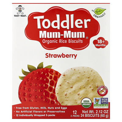 Hot Kid Toddler Mum-Mum®, органическое рисовое печенье, 18+ месяцев, клубника, 12 упаковок по 2 печенья