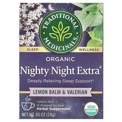 Organic Nighty Night Extra®, Lemon Balm & Valerian, Caffeine Free, 16 Wrapped Tea Bags, 0.85 oz (24 g)