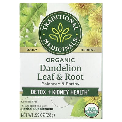 Organic Dandelion Leaf & Root Tea, Caffeine Free, 16 Wrapped Tea Bags, 0.99 oz (28 g)