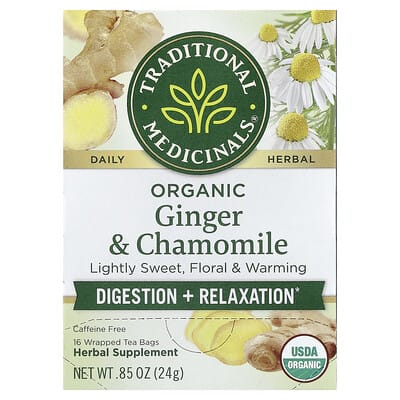 Organic Ginger & Chamomile, Caffeine Free, 16 Wrapped Tea Bags, 0.85 oz (24 g)