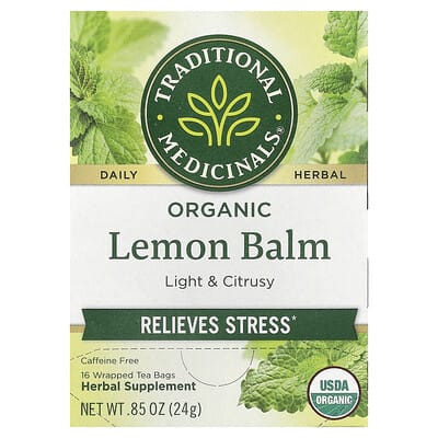 Органический мелисса, без кофеина, 16 пакетиков чая, 0.85 oz (24 g) Traditional Medicinals
