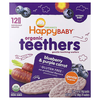 Happy Baby®, Organic Teethers, Gentle Teething Wafers, Blueberry & Purple Carrot, 12 Packs, 0.14 oz (4 g) Each