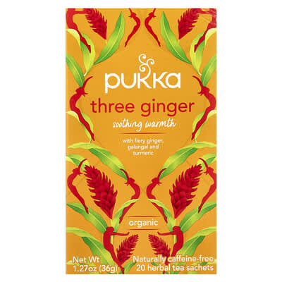 Органический травяной чай, Three Ginger, без кофеина, 20 пакетиков, 1.27 oz (36 g)
