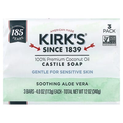 100% Premium Coconut Oil Castile Bar Soap, Soothing Aloe Vera, 3 Bars, 4 oz (113 g) Each