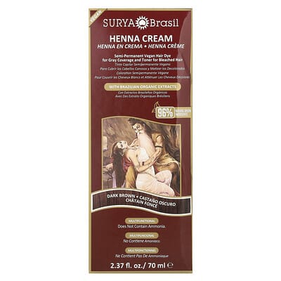 Henna Cream, Semi-Permanent Vegan Hair Dye For Gray Coverage and Toner for Bleached Hair, Dark Brown, 2.37 fl oz (70 ml)