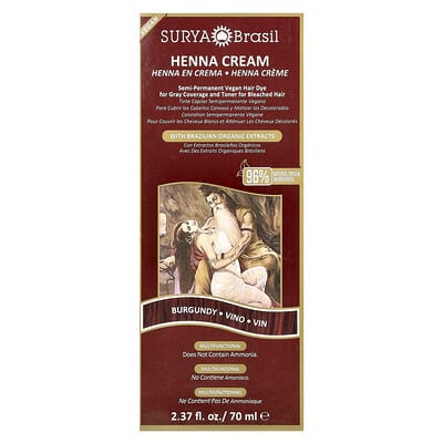 Henna Cream, Semi-Permanent Vegan Hair Dye for Gray Coverage and Toner for Bleached Hair, Burgundy, 2.37 fl oz (70 ml)