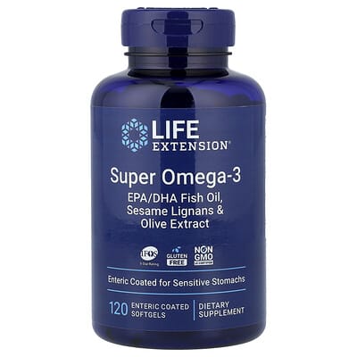 Super Omega-3, EPA/DHA Fish Oil, Sesame Lignans & Olive Extract, 120 Enteric Coated Softgels
