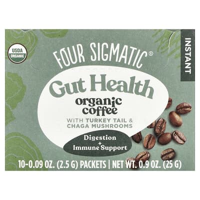 Four Sigmatic Gut Health, органический растворимый кофе с грибами Turkey Tail и Chaga, средняя обжарка, 10 пакетиков, 0.09 oz (2.5 g)