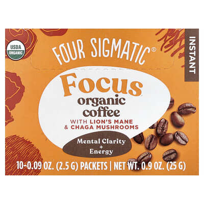 Focus, Instant Organic Coffee with Lion's Mane & Chaga Mushrooms, Medium Roast, 10 Packets, 0.09 oz (2.5 g) Each