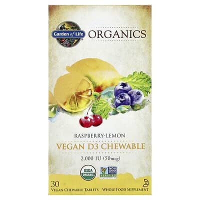 Organics, Vegan D3 Chewable, Raspberry-Lemon, 30 Vegan Chewable Tablets