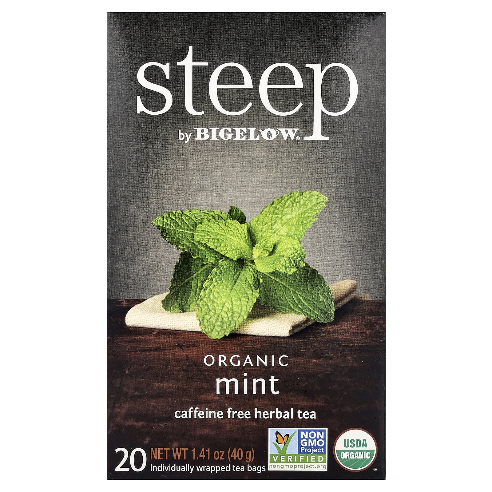 Травяной чай Bigelow Steep Organic Mint, без кофеина, 20 пакетиков, 1.41 oz (40 g)