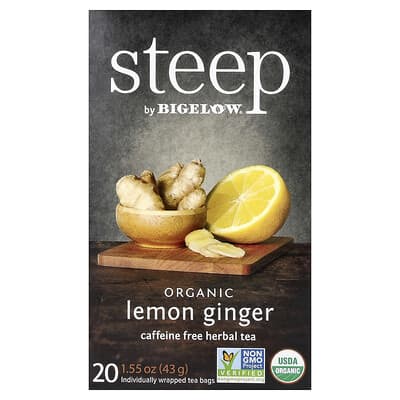Steep, Organic Herbal Tea, Lemon Ginger, Caffeine Free, 20 Tea Bags, 1.55 oz (43 g)