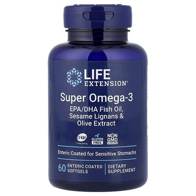 Super Omega-3, EPA/DHA Fish Oil, Sesame Lignans & Olive Extract, 60 Enteric Coated Softgels