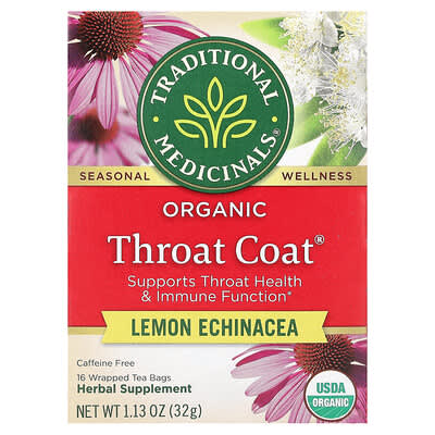 Organic Throat Coat®, Lemon Echinacea, Caffeine Free, 16 Wrapped Tea Bags, 1.13 oz (32 g)