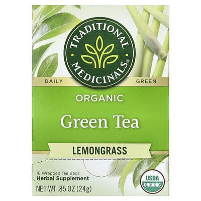 Organic Green Tea, Lemongrass, 16 Wrapped Tea Bags, 0.85 oz (24 g)
