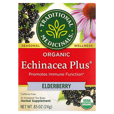 Organic Echinacea Plus®, Elderberry, Caffeine Free, 16 Wrapped Tea Bags, 0.85 oz (24 g)