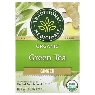 Organic Green Tea, Ginger, 16 Wrapped Tea Bags, 0.85 oz (24 g)