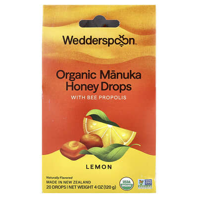 Organic Manuka Honey Drops with Bee Propolis, Lemon, 20 Drops, 4 oz (120 g)