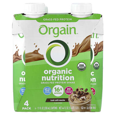 Органический протеиновый коктейль Orgain Grass-Fed Protein Shake, Iced Cafe Mocha, 4 Pack, 11 fl oz (330 ml) Each
