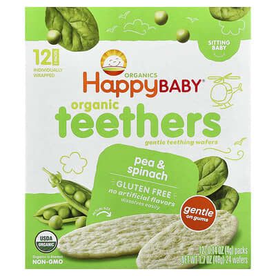 Happy Baby®, органические грызунки, нежные вафли для прорезывания зубов, для сидящих детей, горох и шпинат, 12 упаковок, 0.14 oz (4 g) каждая