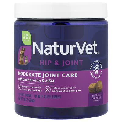 Hip & Joint, Chondroitin & MSM для собак и кошек, Bacon & Chicken, 120 мягких жевательных таблеток, 10 oz (288 g)