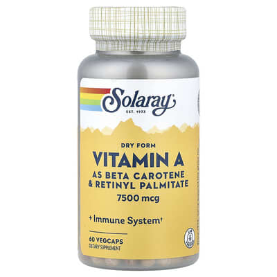 Витамин А Dry Form Solaray, 7,500 mcg, 60 вегетарианских капсул