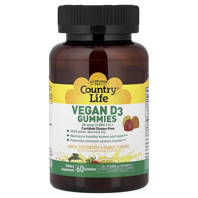 Vegan Vitamin D3 Gummies, Lemon, Strawberry & Orange, 25 mcg (1,000 IU), 60 Gummies