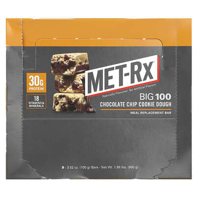 Big 100, Meal Replacement Bar, Chocolate Chip Cookie Dough, 9 Bars, 3.52 oz (100 g) Each