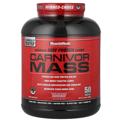 Гейнер MuscleMeds Carnivor™ Mass, Anabolic Beef Protein, Strawberry, 5.79 lbs (2,628 g)