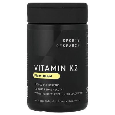 Sports Research Витамин K2, растительный, 100 mcg, 60 вегетарианских мягких капсул