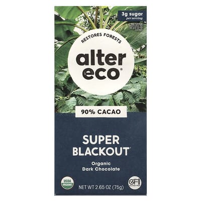 Шоколад Alter Eco Organic Dark Chocolate Bar, Super Blackout, 90% Cacao, 2.65 oz (75 g)