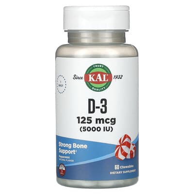 KAL D-3, Peppermint, 125 mcg (5,000 IU), 60 жевательных таблеток