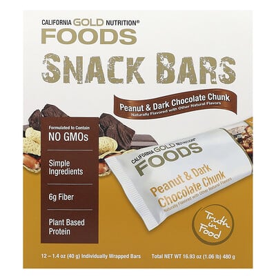 Foods, Peanut & Dark Chocolate Chunk Bars with Dry Roasted Almonds, Chicory Root Fiber, Pea Crisps and Honey, 12 Bars, 1.4 oz (40 g) Each