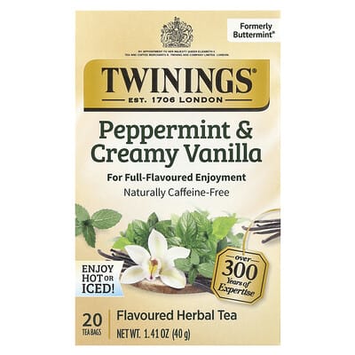 Flavored Herbal Tea, Peppermint & Creamy Vanilla, Caffeine Free, 20 Tea Bags, 1.41 oz (40 g)