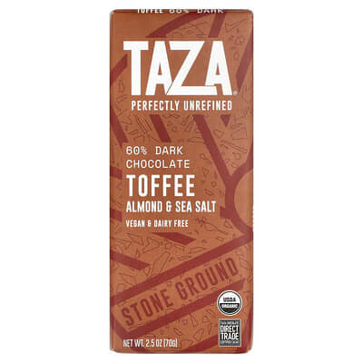 Taza Chocolate Шоколад 60% темный, с ириской, миндалем и морской солью, 2.5 oz (70 g)