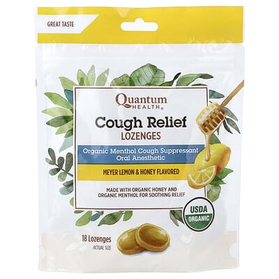 Quantum Health Cough Relief Lozenges, Meyer Lemon & Honey, 5 mg, 18 пастилок