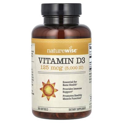 Витамин D3, 125 mcg (5,000 IU), 360 мягких капсул NatureWise