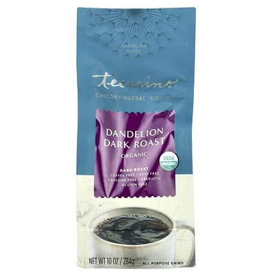 Teeccino Prebiotic Dandelion Herbal Coffee Alternative, одуванчик, темная обжарка, без кофеина, 10 oz (284 g)